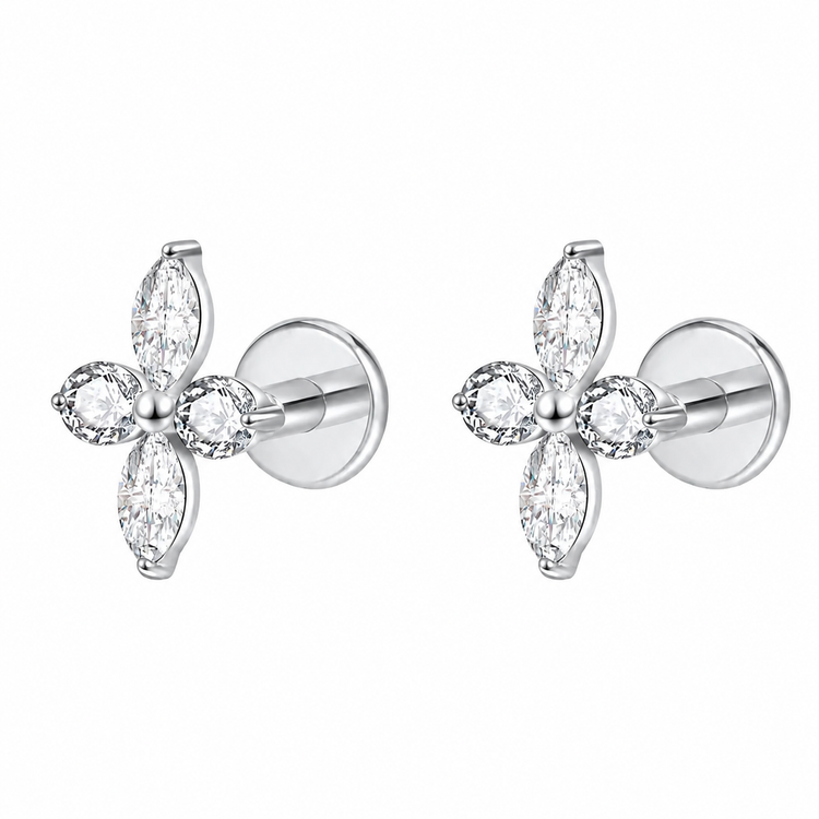 Pretty 4-Petal Flatback Studs, Silver