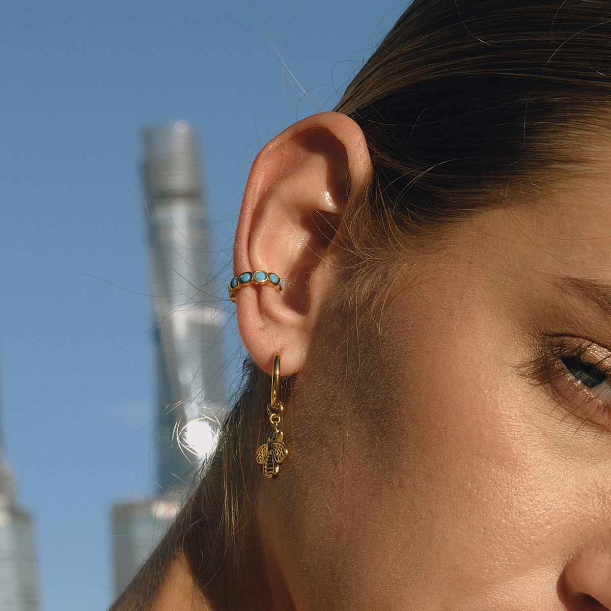 Classy Round Bezel Ear-cuff, Turquoise