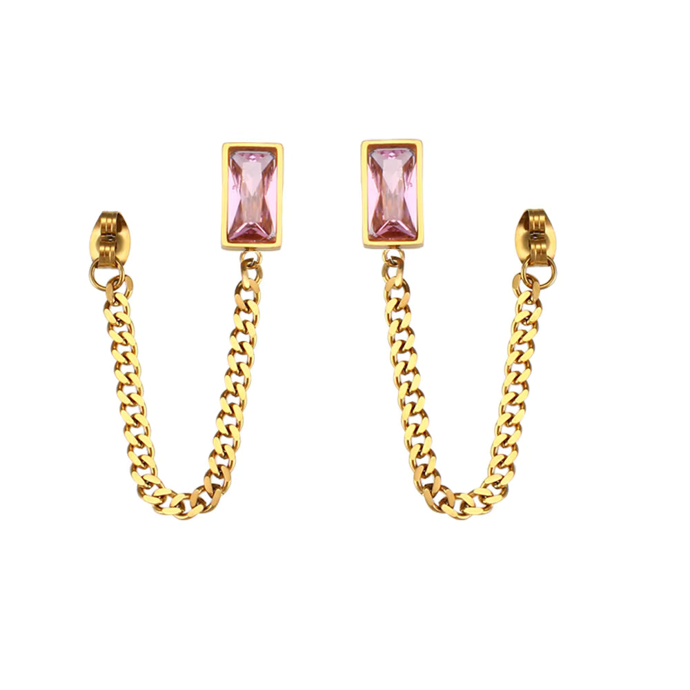 Rectangle CZ Pink Crystal Cuban Chain Earrings