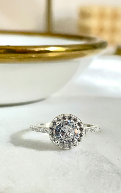 Adelle solitaire with a halo ring in 92.5 silver