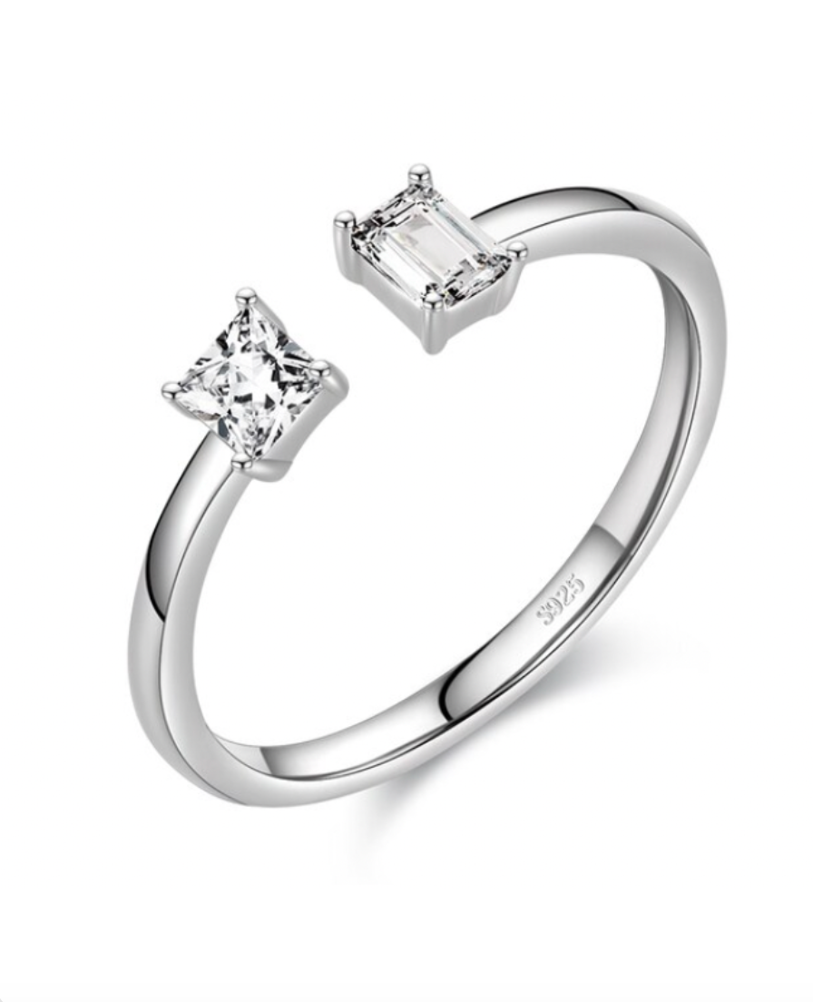 92.5 Sterling Silver Adjustable Geometrical Zirconia Ring, Silver