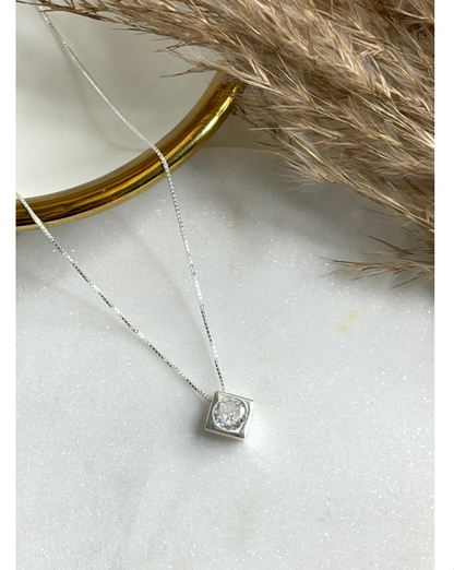 Squared bezel set Solitaire in 92.5 sterling silver