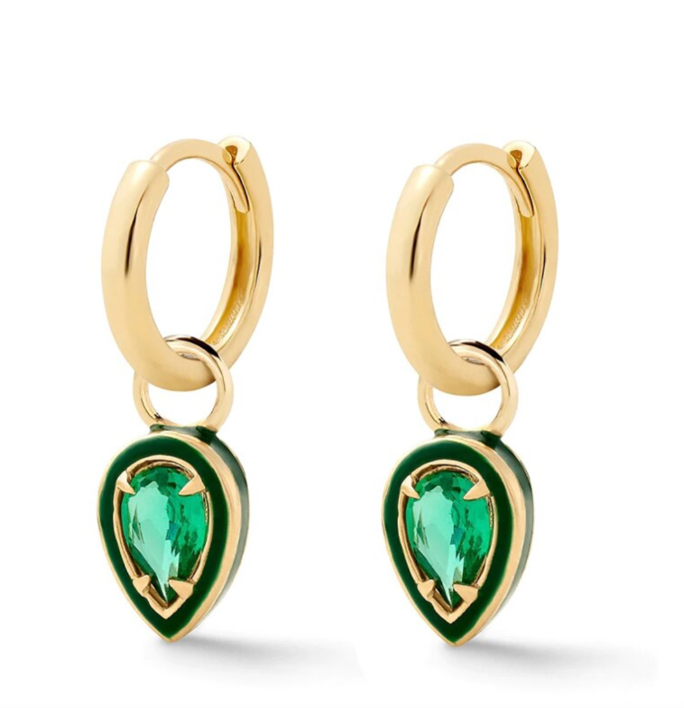Pear cut Sterling silver hoop drops, Green