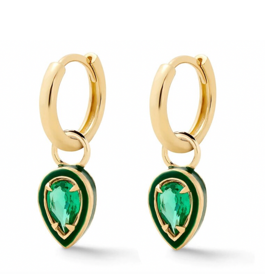 Pear cut Sterling silver hoop drops, Green