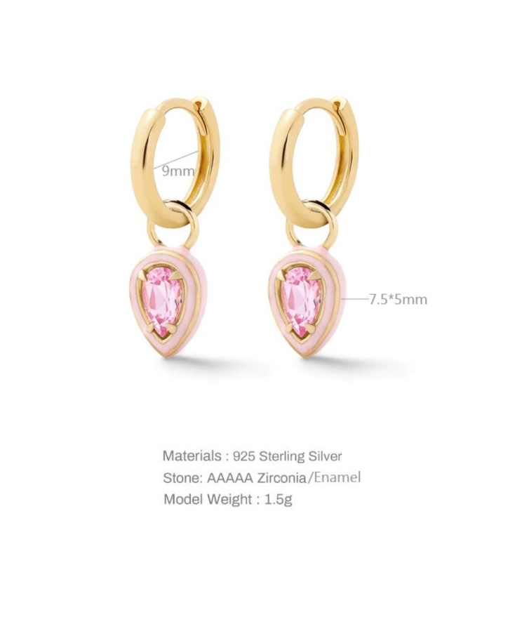 Pear cut Sterling silver Hoop Drops, Pink