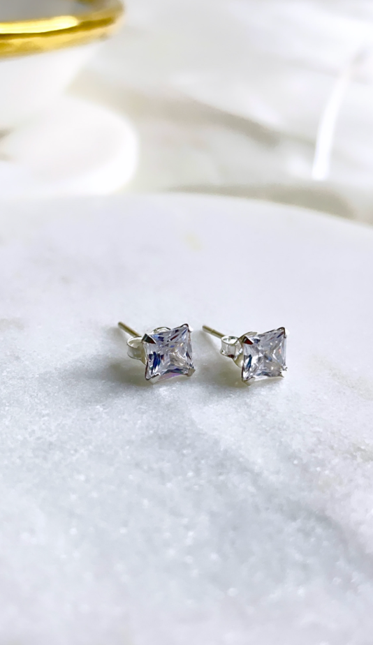 Mini Princess cut Solitaire studs in 92.5 silver